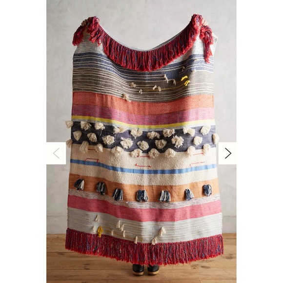 Anthropologie Other - Anthropologie Textured Striped Throw Blanket Multi Color Boho Fringe 50x60